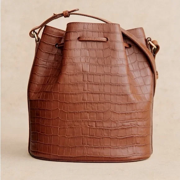 Sezane Brown Croc-Embossed Bucket Bag - Picture 5 of 11